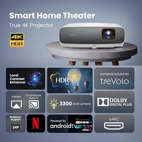 BenQ TK860i Smart Home Theater Projector | 4K HDR Streaming with LED Vibrant Color | Android TV with Netflix, Chromecast, Dolby Digital Plus | 2D Keystone | Built in 10W Speakers | Wifi connectivity