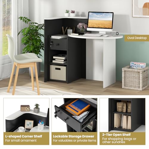 Byroce Reception Desk, Front Desk Reception Counter with Oval Desktop, Open Shelf & Lockable Drawer, Small Retail Checkout Counter Table, Wood Computer Workstation for Home, Office, Lobby & Salon