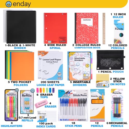 Enday Back to School Supplies High School Kit for Kids with Folders, Notebooks, Pencils, Pens & More Back to School Supplies Kit School Supply Bundle for Classroom Essentials