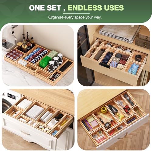 9-Pack Solid Wood Junk Drawer Organizer, Modular Desk Drawer Tray & Accessories with Non-Slip Pad, Multi-Use for Kitchen, Office, Bedroom Dresser, Utensil, Makeup, Stationery, Tea Bags & Coffee Pod