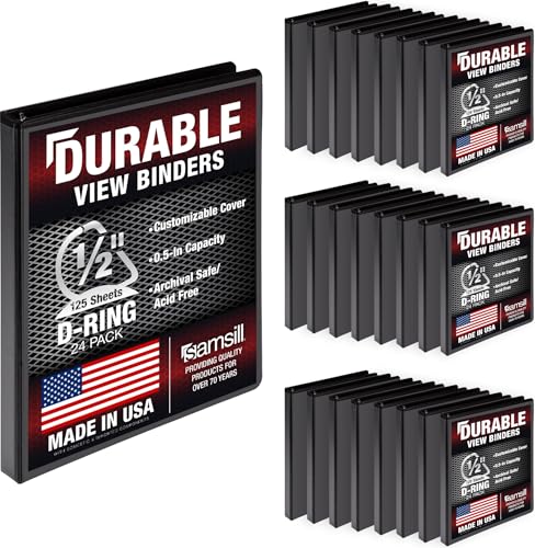 Samsill Durable 0.5 Inch Binder, D Ring Binder, Customizable Clear View Cover, Black, 24 Pack, Each Holds 125 Pages