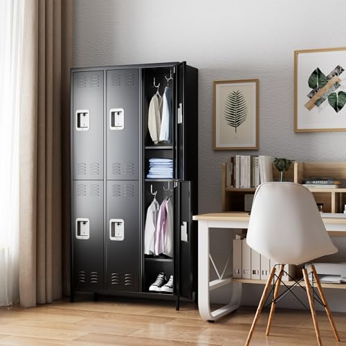 Aobabo 6 Doors Metal Storage Locker for Employees, Steel Locker with 18 Hooks for School Office Gym Bedroom, Black, Assembly Required