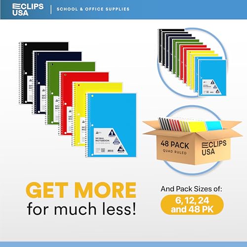 E-CLIPS USA Graph Paper Notebook Spiral Graph Paper Notebook Grid Notebook Quad Ruled Notebook 70 Sheets 140 Pages 8" x 10.5" 4x4 Square Per Inch (24 Pack)