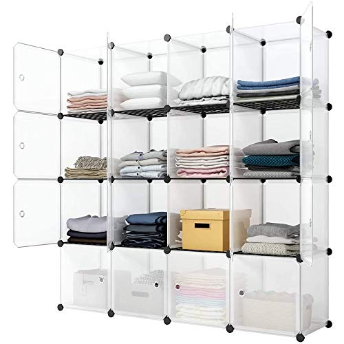 16 Cubes Storage Organizer,Portable Closet Wardrobe,Plastic Clothes Storage Shelves,Modular Bookcase Closet Cabinet,with Doors,for Kitchen, Bedroom, Playroom, Living Room, Office, Dorm (White)