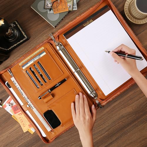Vegan Leather Portfolio, Personalized 3 Ring Binder Padfolio for Women, Pink Leather, Handmade Organizer, Engraved Resume Folder (Brown Pattern, Custom)