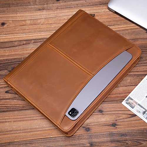 YIWEN Handmade Leather Portfolio Zippered with Front Pocket