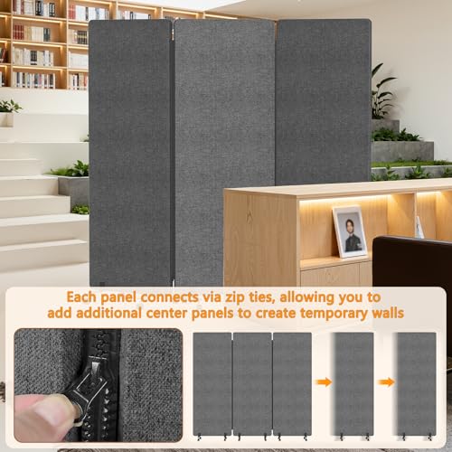 Soundproof Room Divider with Wheels, 66in Acoustic Room Divider Panel, 3 Panel Office Partition Wall for Noise Cancelling, Portable Temporary Wall Cubicle Divider (Dark Gray)