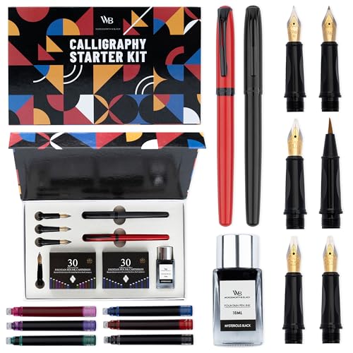 Wordsworth & Black Calligraphy Kit for Beginners, 2 Ink Pens, 5 Nibs, Black
