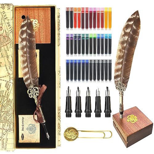 GC QUILL Calligraphy Feather Fountain Pen and Ink Set, Quill Pen with 5 Varied Nibs and Ink Cartridges, Calligraphy Set for Beginners – MU-15