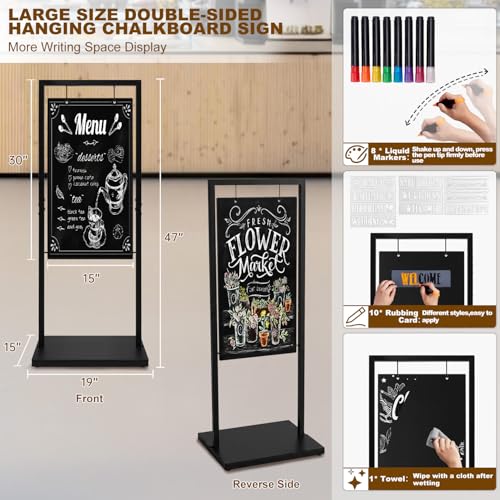 Large Chalkboard Signs with Stand, 47 x 20 Inch Heavy-Duty Double-Sided Windproof Chalkboard, Hanging Metal Easel Chalk Board with Base for Outdoor Business, Cafe, Wedding and Vendor