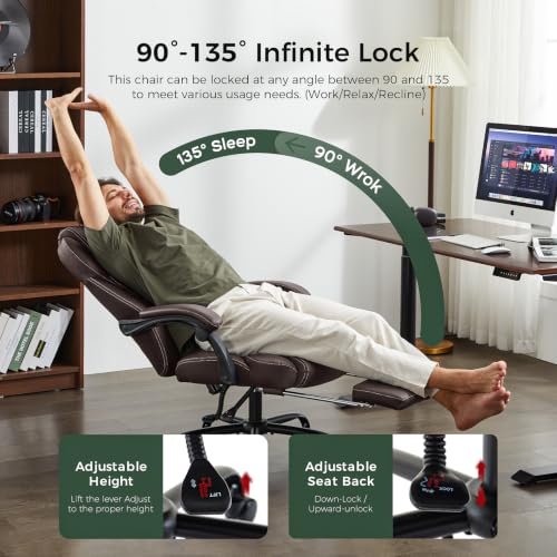 amseatec Big and Tall Office Chair with Footrest, Lumbar Support, Brown
