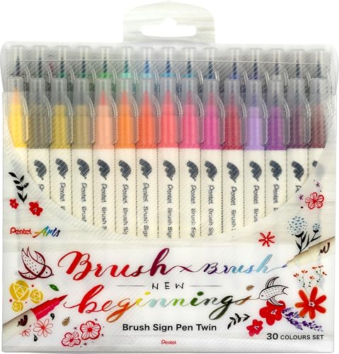 Pentel SESW30C-30 Brush Sign Pen Twin, 30 Colour Set, Fibre Tip Pens with Two Flexible Tips, Water-based Ink, Assorted, Pack of 30