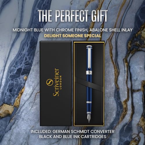 Scriveiner Midnight Blue Fountain Pen - Stunning Luxury Pen with Chrome Appointments, Schmidt Nib (Fine), Best Pen Gift Set for Men & Women, Professional, Executive, Office, Nice Pens