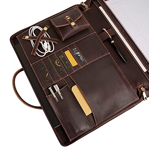 GZRHKJ Genuine Leather Portfolio, Padfolio Organizer with Handle, Personalized Padfolio，Padfolio with Zipper for Men Women，Suitable for 15-inch Laptop Legal Pad Padfolio, Dark Brown