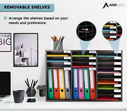AdirOffice Classroom Mailbox - Wooden Literature Organizer , Construction Paper Storage Organizer , Mail Sorter with Slots , Office Mailboxes With Removable Shelf (27 Slot , Black)