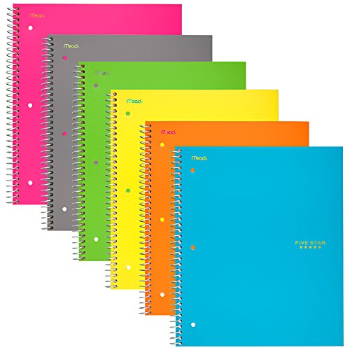 Five Star Spiral Notebooks, 5 Subject, College Ruled Paper, 200 Sheets, 11" x 8-1/2", Assorted Colors, 6 Pack (38061)