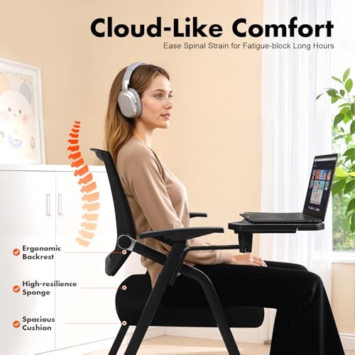 Ageanbri Conference Room Chairs, Ergonomic Foldable Chair with Armrest - Mesh Bouncing Back for Office Meetings, Conference, Reception, and Training Room Chair (Black with Tabletop, 1 piece)
