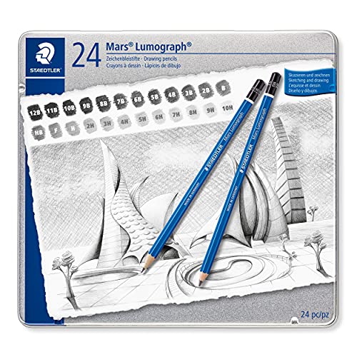 STAEDTLER Mars Lumograph Drawing Pencils: Set of 24 in Metal Case - Presharpened Graphite Art Pencils - Hardness Grades 12B-10H - For Drawing, Shading, Drafting & Illustrating - All Skill Levels