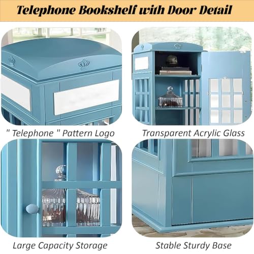 LJLYYDS Wooden Telephone Standing Bookshelf Vintage,5-Tier Wood London Telephones Booth Storage Shelf Cube,Floor Standing Telephone Booth Bookshelf with Acrylic Door for bookstores Blue