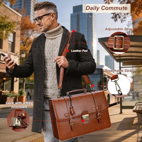 Banuce Leather Briefcase for Men Fits 15.6 inch Laptop Lawyer Briefcase