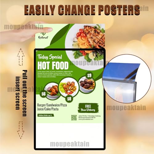 moupeaktain Advertising Board Wall-Mounted Poster Display, Super Bright Ultra-Thin LED Advertising Light Box Menu Board, Tempered Glass + Aluminum Alloy Frame Silver-A1