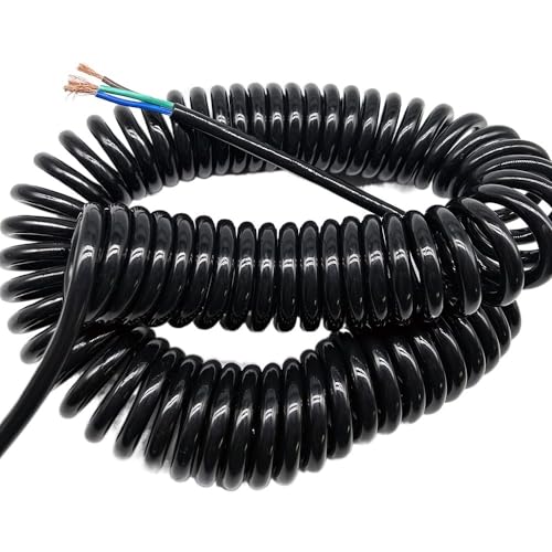 Coiled Mains Flex Curly Spring Cord 3 Core Black Stretchable Spiral Wire