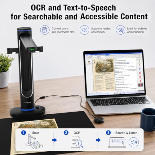 VIISAN S48 Duo Overhead Book Scanner - A2/A3 Large Format, Dual 48MP, 600 DPI with OCR & Text-to-Speech for Archiving and Distance Education
