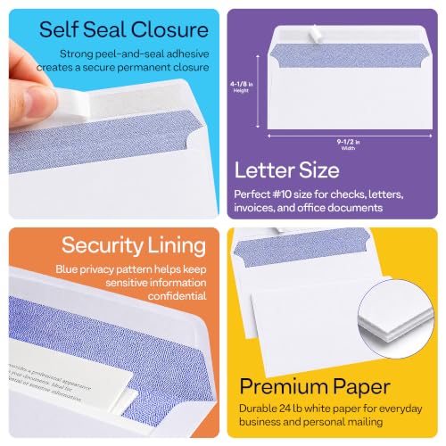 #10 Security Envelopes Letter Size Self Seal, 500 Count, Windowless Security Tinted, 4-1/8" x 9-1/2", Business Mailing Envelopes for Home Office School Documents