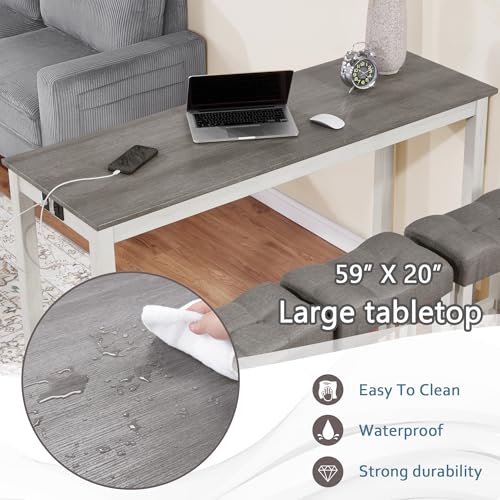 Ball & Cast 4 Piece Dining Table and Chairs Set with Charging Station, Farmhouse Wooden Kitchen Island-Table w/USB&Typc C&Power Outlet, 59" Behind Sofa-Table w/3pcs Upholstered Stools,White&Grey