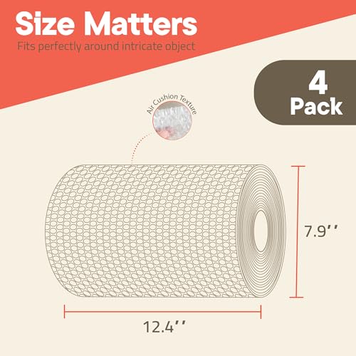 Bubble Wrap for Packing & Moving 4 Pack, 175 FT x 12” Bubble Cushioning Wrap with 3/16” Small Bubbles, Perforated Every 12” for Easy Tear, Lightweight Packing Wrap for Fragile Packaging & Mailing