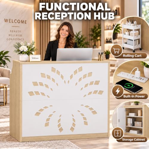 Reception Desk with Counter and Storage Cabinet for Salon Station (White)