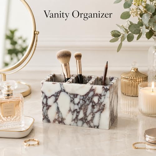 Artisanal Abode 3-Compartment Natural Marble Desk Organizer, 5.91 in
