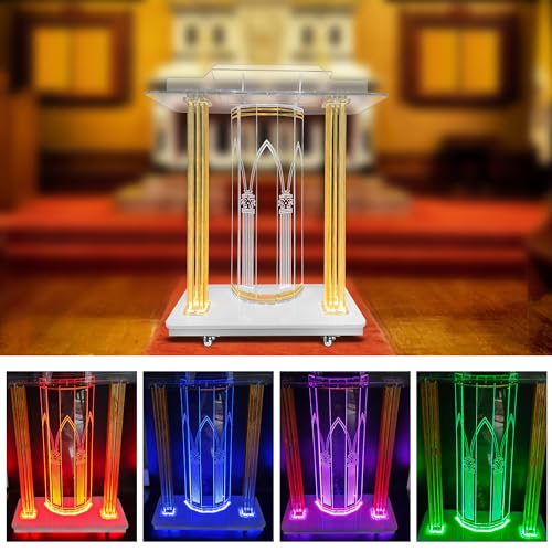 Church Pulpit,Acrylic Pulpit with Wheels,Golden Pattern Design,Led Acrylic Podium with Vertical Reading Platform, 46”Transparent Lecterns for Churches, Classroom (39.3”L*15.7”W *45.6”H)