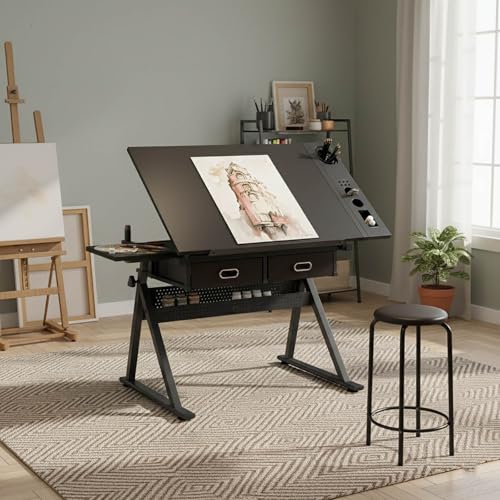 Adjustable Drawing Desk and Drafting Table with Stool, Height Adjustable Drafting Table for Art & Architecture, Tilting Tabletop Desk, Art Craft Table with 2 Drawers for Office & School, (Black)