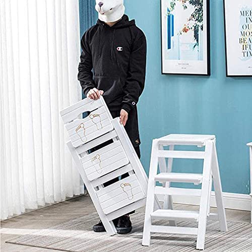 3 Step Folding Step Stools, Utility Multi-Functional Wooden Stepladder Portable Ladder Chair Seat, Home Kitchen Office Furniture Bedroom Step Stool