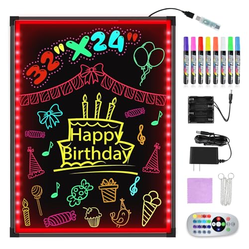 Hosim 32"x24" LED Message Writing Board, Neon Sign for Business & Restaurants, Illuminated Erasable Menu Board, 8 Colors Markers & 16 Lighting Colors, Flashing Light Up Display for Bar, Party, Wedding