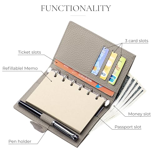 Leather Journal Cover for A7 Planner, Small Notebook Cover with Back Pocket, Pen Loop, Card Slots and 6-Ring Refill Papers (4.84 x 3.23''), Passport Wallet for Travel