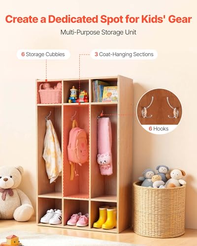 VEVOR 3-Section Coat Locker, Kids Lockers with 6 Hooks & Non-Slip Mat, Classroom Cubbies for Daycare, Home, Kindergarten- Natural