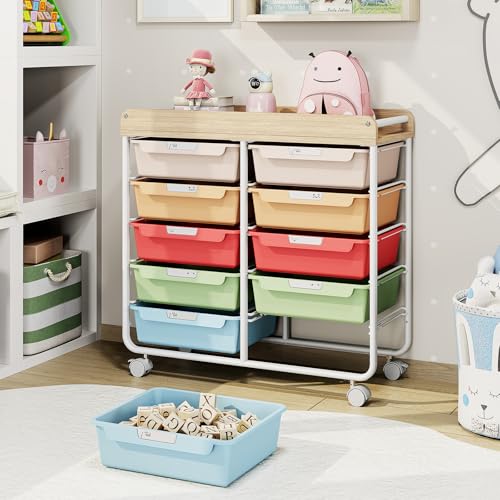 10 Drawer Rolling Storage Cart with Wood Top for Classroom Crafts Colorful