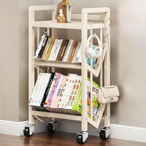 Rolling Book Cart with Wheels, Multi-Layer Storage Rack, Large-Capacity Rolling Cart L-Shaped Carbon Steel Shelf for Teacher Classroom Office Home(White,19.7x9.8x32.1in)