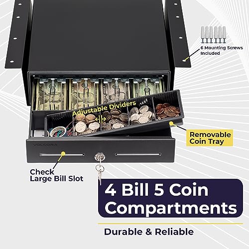 Volcora 13" Electronic Cash Register Drawer with Under Counter Mounting Metal Bracket - POS, 4 Bill 5 Coin Cash Tray, Removable Coin Compartment, 12-24V RJ11/RJ12 Key-Lock, Media Slot, Black