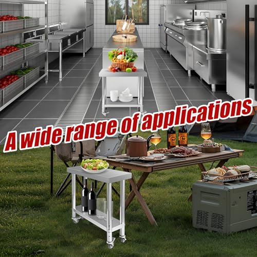 Fsehyue Stainless Steel Work Table 30"x12"x34" Metal Adjustable Under Shelf Prep Table 320 LBS Load Capacity with 4 Caster Wheels Heavy Duty Food Prep Worktable for Home Hotel Kitchen Restaurant