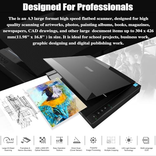 COYEUX Large Format Flatbed Scanner, 2400DPI High Definition Photo Scanner, Scan 12"x 17" in 4 Sec, for Office and Education Support, Supports Windows & iOS