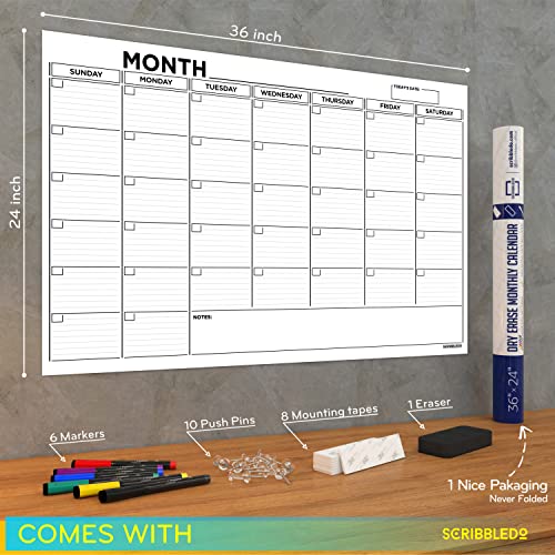Large 24"x36" White Board Calendar Dry Erase for Wall Big Dry Erase Wall Calendar Monthly Large Wall Calendar Dry Erase Board Planner Includes 6 Markers Eraser Push Pins & Mounting Tape