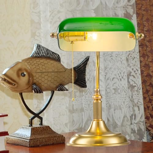 ELUKHT Brass V-intage Bankers Lamp/Art Deco Classic Antique Table Lamp, Retro Bankers Lamp Gold and Green Shade Glass, E27 Indoor Lighting,