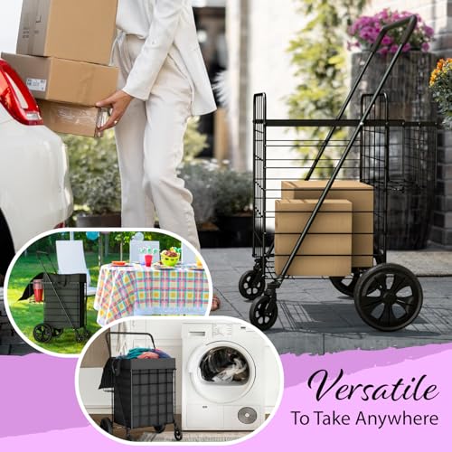 Our Modern Space Shopping Cart w/Waterproof Basket Liner & Large 360° Swivel Wheels | Foldable Collapsible & Lightweight | Perfect for Groceries Laundry Utility Cart - Black