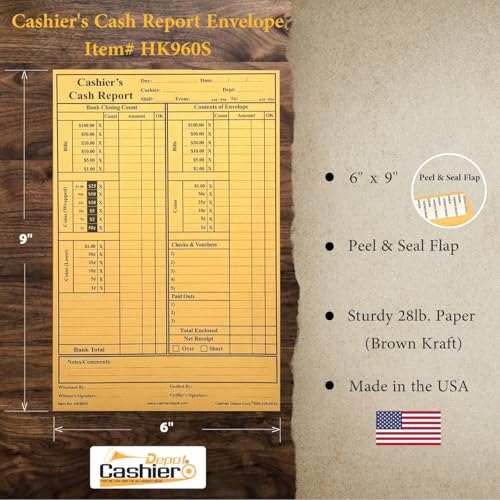 400 Cashier Depot - Cashier's Cash Report Envelopes HK960S, 6" x 9", Open End, Heavy 28lb. Brown Kraft, Peel & Seal Closure, 400 Count