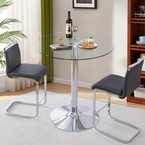 Sweiko 3-Piece Dining Table Set,Kitchen Glass Round Small Table with Modern PU Leather Chairs for Small Spaces（Silver Table + Black Chairs）
