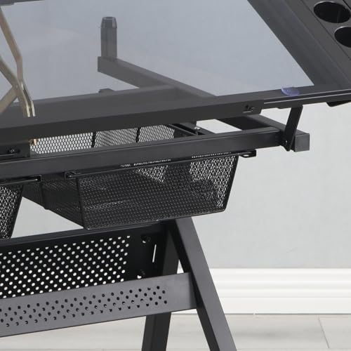 Japovker Adjustable Height Drafting Table with Storage Drawers & Stool for Adults, Glass Art Desk with Side Storage Strips, Drawing Table with Tilted Tabletop for Art Office Study (Black+Glass A)