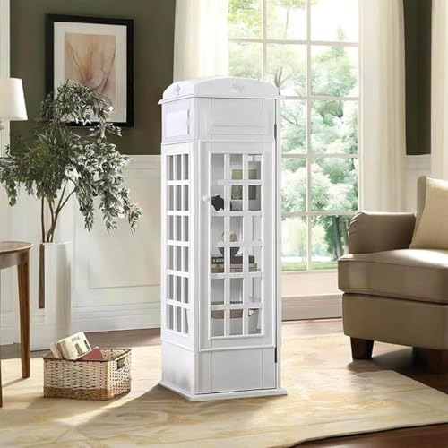 LJLYYDS Wooden Telephone Standing Bookshelf Vintage,5-Tier Floor Standing Telephone Booth Bookshelf with Acrylic Door,Living Room Storage Display Bookshelf,for bookstores, Living Rooms White